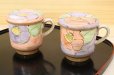 Photo2: Mino Japanese pottery mug tea coffee cup camellia with strainer and lids set of 2 (2)