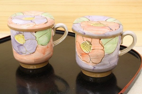 Photo2: Mino Japanese pottery mug tea coffee cup camellia with strainer and lids set of 2