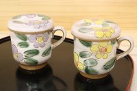 Mino Japanese pottery mug tea coffee cup flower purple yellow with strainer and lids set of 2