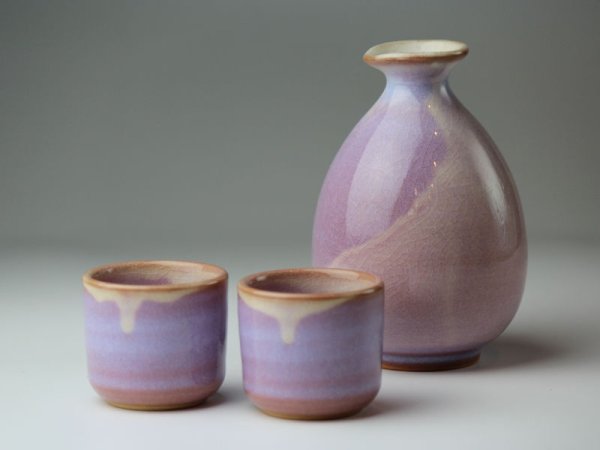 Photo1: Hagi yaki ware Japanese Sake bottle and Sake cup set Purple glaze oazuke