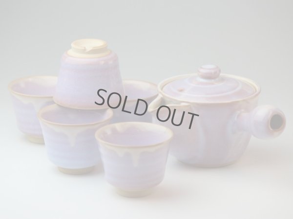 Photo1: Japanese tea pot cups set Hagi ware purple asagao pottery tea strainer 420ml