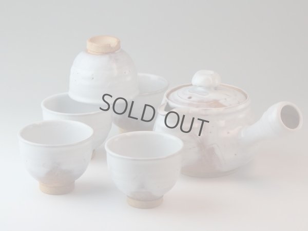 Photo1: Japanese tea pot cups set Hagi ware wide white glaze pottery tea strainer 700ml