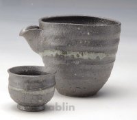 Shigaraki pottery Japanese Sake bottle & cup set waraku rei shuki