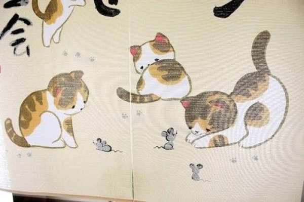 Photo3: Noren Japanese Curtain Doorway Room Divider Happy cats 85cm x 90cm