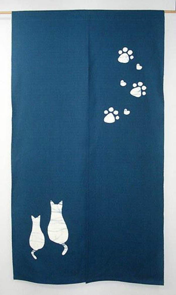 Photo1: Kyoto Noren Japanese curtain Cats Rozome wax resist textile 85cm x 150cm