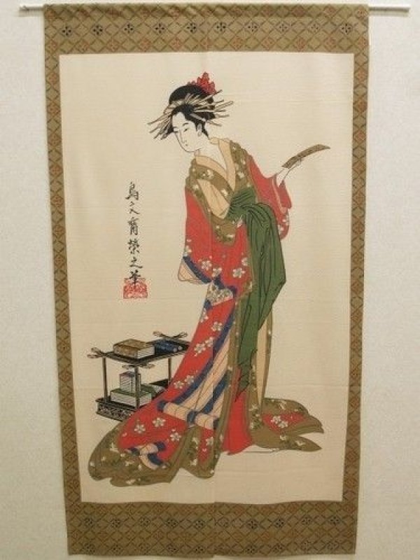 Photo1: Noren Japanese Curtain Doorway Ukiyo-e tanzaku trad women 85cm x 150cm