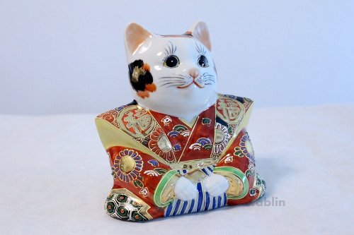 Other Images1: Japanese Lucky Cat Kutani yaki ware Porcelain Maneki Neko Fukusuke sakari