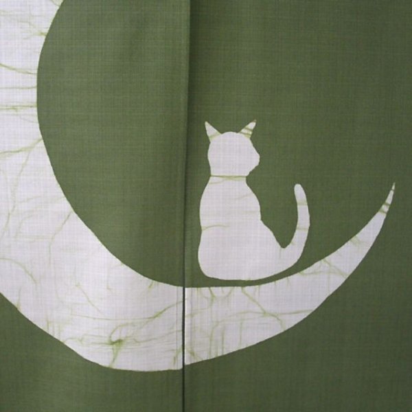 Photo2: Kyoto Noren SB Japanese batik door curtain T.Neko Moon&Cat ol.green 85cm x 150cm