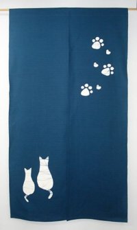 Kyoto Noren SB Japanese batik door curtain 2Neko 2Cats navy blue 85cm x 150cm