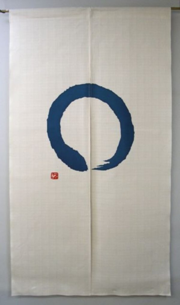 Photo1: Kyoto Noren SB Japanese batik door curtain En Enso Circle w/blue 85cm x 150cm