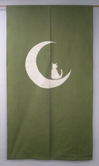 Kyoto Noren SB Japanese batik door curtain T.Neko Moon&Cat ol.green 85cm x 150cm