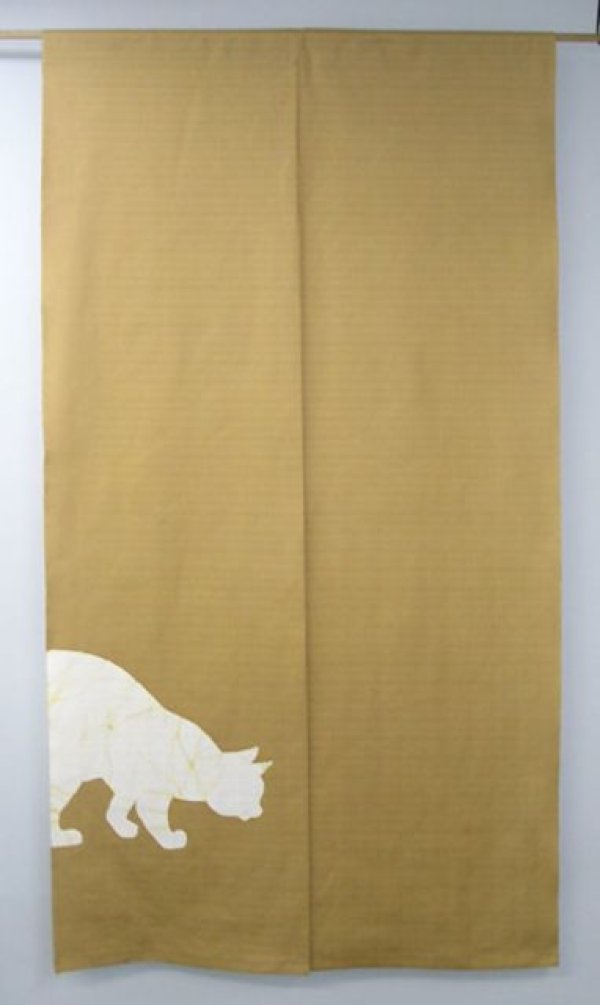 Photo1: Kyoto Noren SB Japanese batik door curtain Tachi Standing Cat beige 85cm x 150cm
