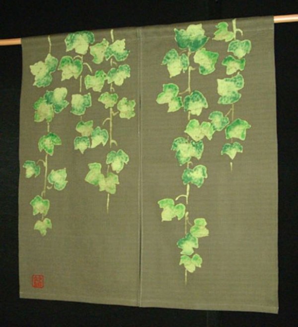 Photo1: Kyoto Noren SB Japanese batik door curtain Tsuta Ivy olive-green 85cm x 90cm