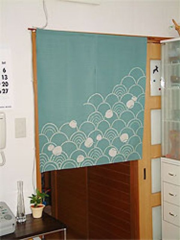 Photo3: Kyoto Noren SB Japanese batik door curtain Nami Wave green 85cm x 90cm