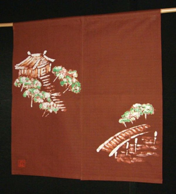 Photo1: Kyoto Noren SB Japanese batik door curtain Yamadera Temple brown 85cm x 90cm
