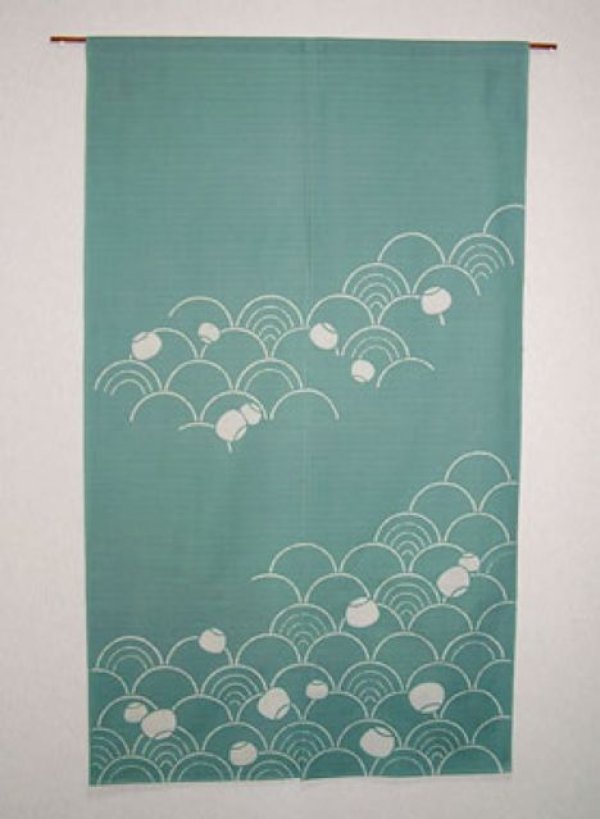 Photo1: Kyoto Noren SB Japanese batik door curtain Nami Wave green 85cm x 150cm