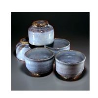 Hagi ware Senryuzan climbing kiln Japanese yunomi tea cups blue glaze set of 5