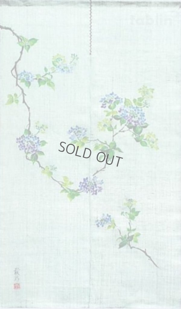 Photo1: Kyoto Noren MYS Japanese Linen door curtain ajisai Hydrangea mint 88 x 150cm