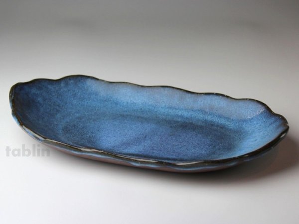 Photo1: Hagi ware Japanese plate Blue glaze Watatsumi oval W310mm