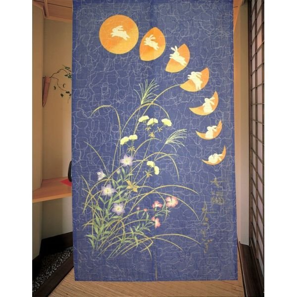 Photo1: Kyoto Noren MS Japanese door curtain Moon and Rabbits blue 85 x 150cm