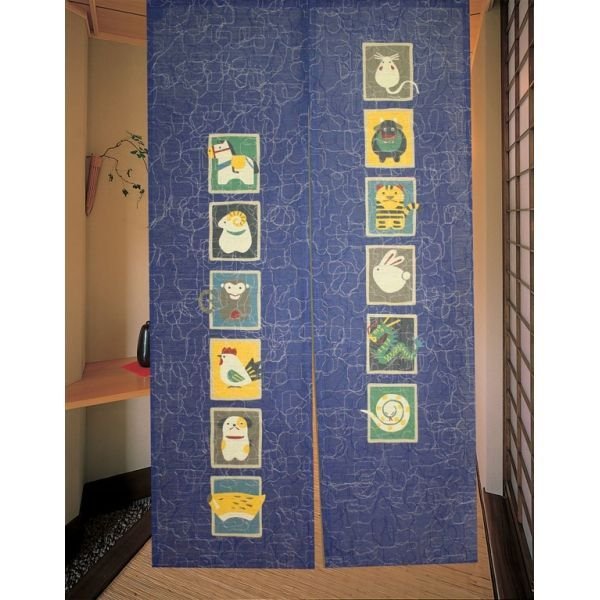 Photo1: Kyoto Noren MS Japanese door curtain Eto Chinese Zodiac blue 85 x 150cm