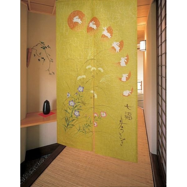 Photo1: Kyoto Noren MS Japanese door curtain Moon and Rabbits gold 85 x 150cm