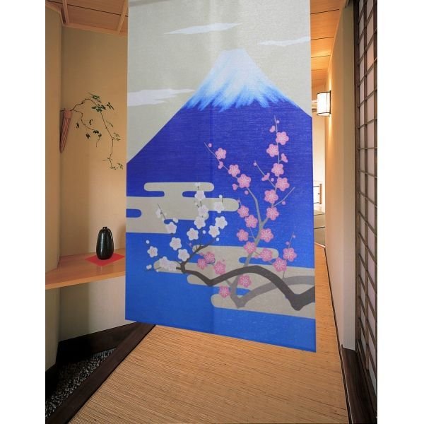 Photo1: Kyoto Noren MS Japanese door curtain Ume and Mt.Fuji blue 85 x 150cm
