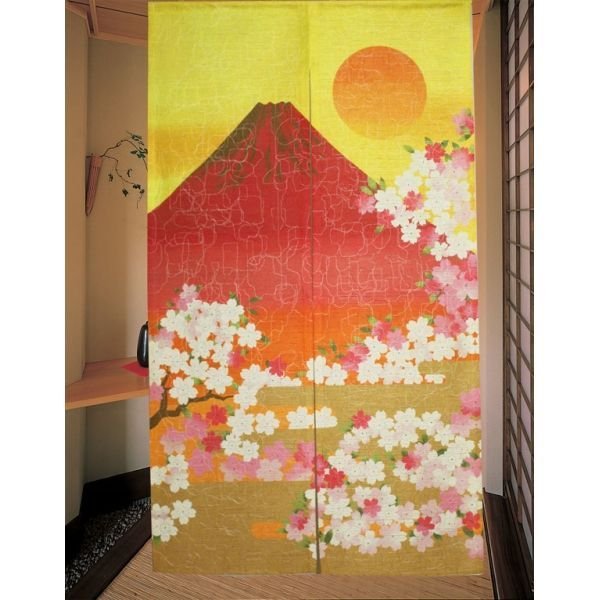 Photo1: Kyoto Noren MS Japanese door curtain Red Mt.Fuji gold 85 x 150cm