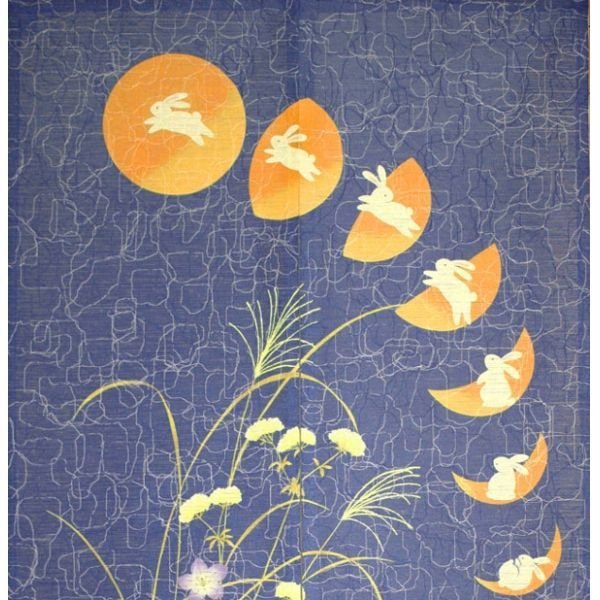 Photo2: Kyoto Noren MS Japanese door curtain Moon and Rabbits blue 85 x 150cm