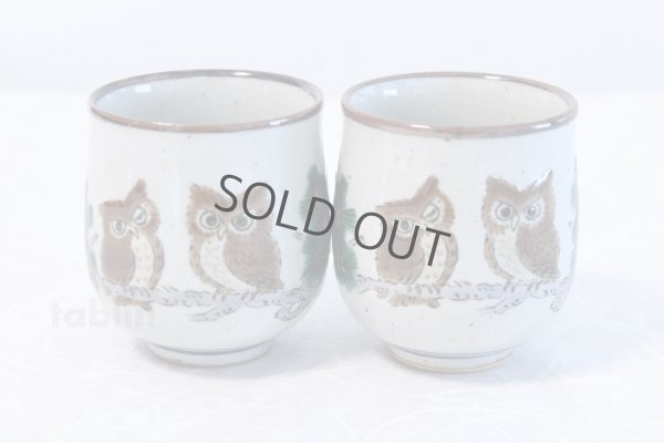 Photo1: Kutani yaki ware Yunomi owl top brown m3 Japanese tea cup (set of 2)