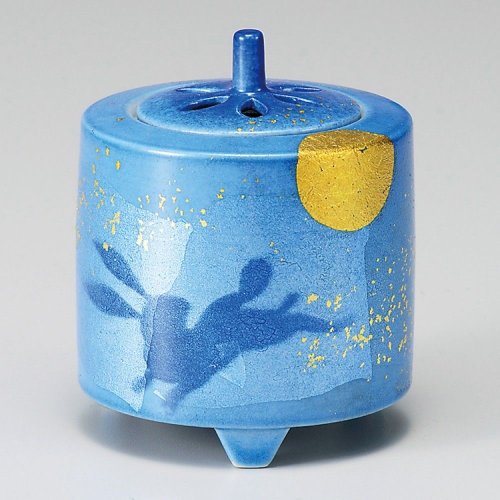 Other Images3: Kutani Porcelain Japanese incense burner moon rabbit blue H9cm