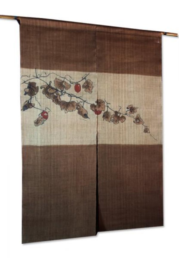 Photo1: Noren Mitsuru Japanese linen door curtain Kakishibu Trichosanthes 88 x 150cm