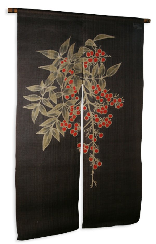 Photo1: Noren Mitsuru Japanese linen door curtain Kakishibu nandina 88 x 150cm