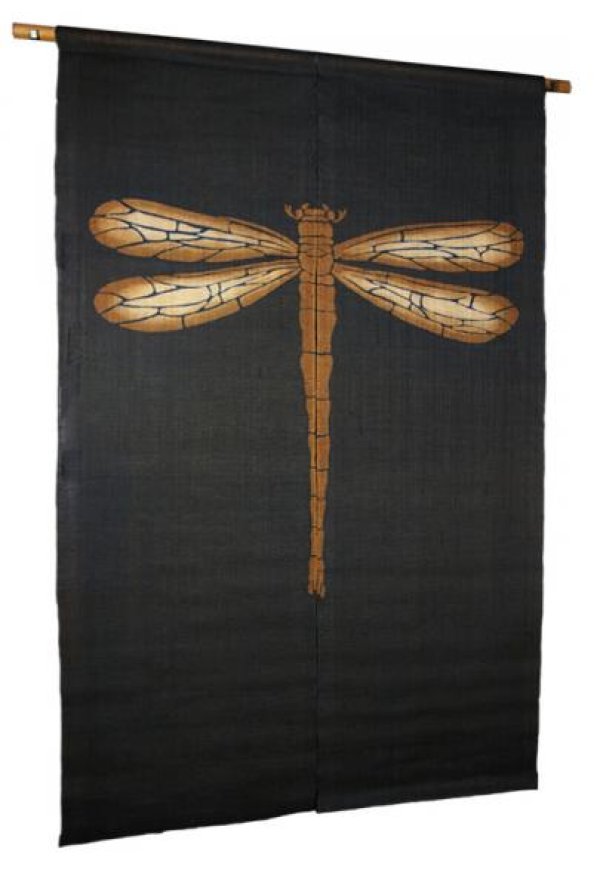 Photo1: Noren Mitsuru Japanese linen door curtain Kakishibu dragonfly 88 x 150cm