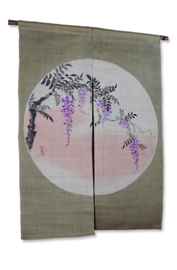 Photo1: Noren Mitsuru Japanese linen door curtain kusakizome wisteria flower 88 x 120cm