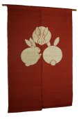 Photo1: Noren Mitsuru Japanese linen door curtain Bengarazome rabbit aka 88 x 150cm (1)