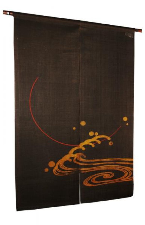 Photo1: Noren Mitsuru Japanese linen door curtain Kakishibu full flood moon 88 x 150cm
