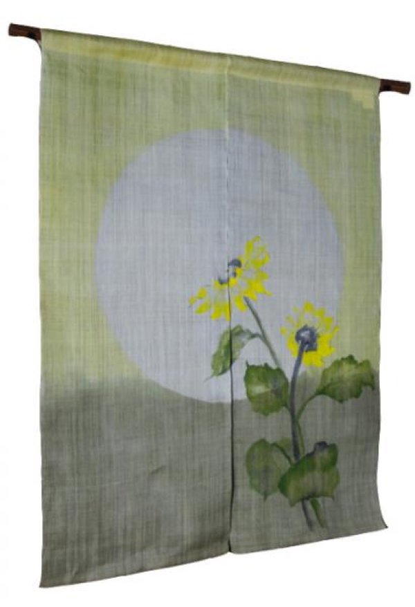 Photo1: Noren Mitsuru Japanese linen door curtain kusakizome Sunflower 90 x 120cm