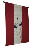 Photo1: Noren Mitsuru Japanese linen door curtain Bengarazome red crane bird 87 x 130cm (1)