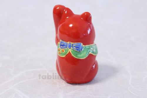 Other Images2: Japanese Lucky Cat Kutani yaki ware Porcelain Maneki Neko Red 2