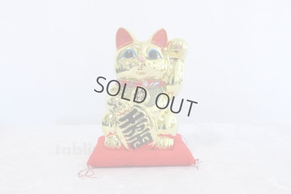 Photo1: Japanese Lucky Cat Tokoname ware Porcelain Maneki Neko Gold r cushion H24cm