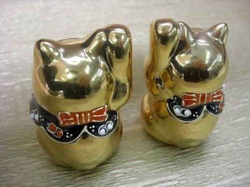 Other Images1: Japanese Lucky Cat Kutani yaki ware Porcelain Maneki Neko Kinsai (set of 2)