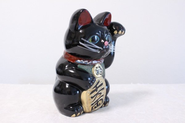 Photo5: Japanese Lucky Cat Tokoname ware YT Porcelain Maneki Neko Kai black H25cm