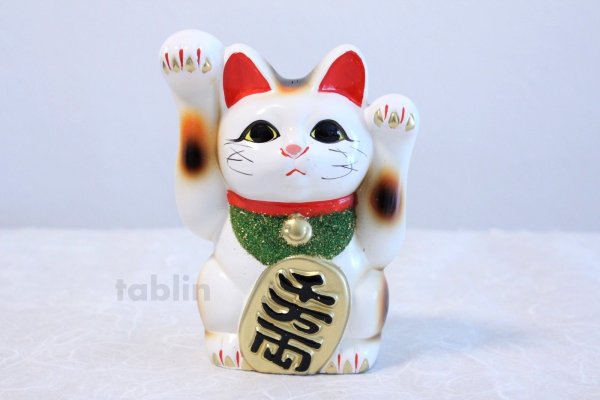 Photo2: Japanese Lucky Cat Tokoname ware YT Porcelain Maneki Neko both hand white H16cm