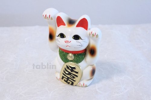 Other Images2: Japanese Lucky Cat Tokoname ware YT Porcelain Maneki Neko both hand white H16cm