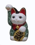 Photo1: Japanese Lucky Cat Seto ware Porcelain Maneki Neko Karakusa Green H13.5cm (1)
