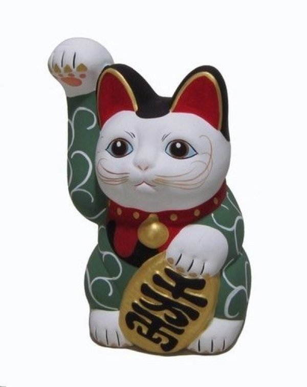 Photo1: Japanese Lucky Cat Seto ware Porcelain Maneki Neko Karakusa Green H13.5cm