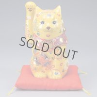 Japanese Lucky Cat Kutani Porcelain Maneki Neko yellow fuku mori H27cm