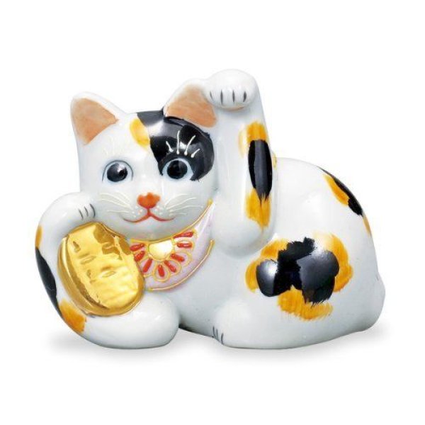 Photo1: Japanese Lucky Cat Kutani yaki ware Porcelain Maneki Neko Mike yokone H 8.5cm