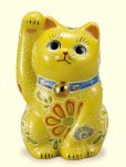 Photo1: Japanese Lucky Cat Kutani yaki ware Porcelain Maneki Neko yellow mori H 10cm (1)